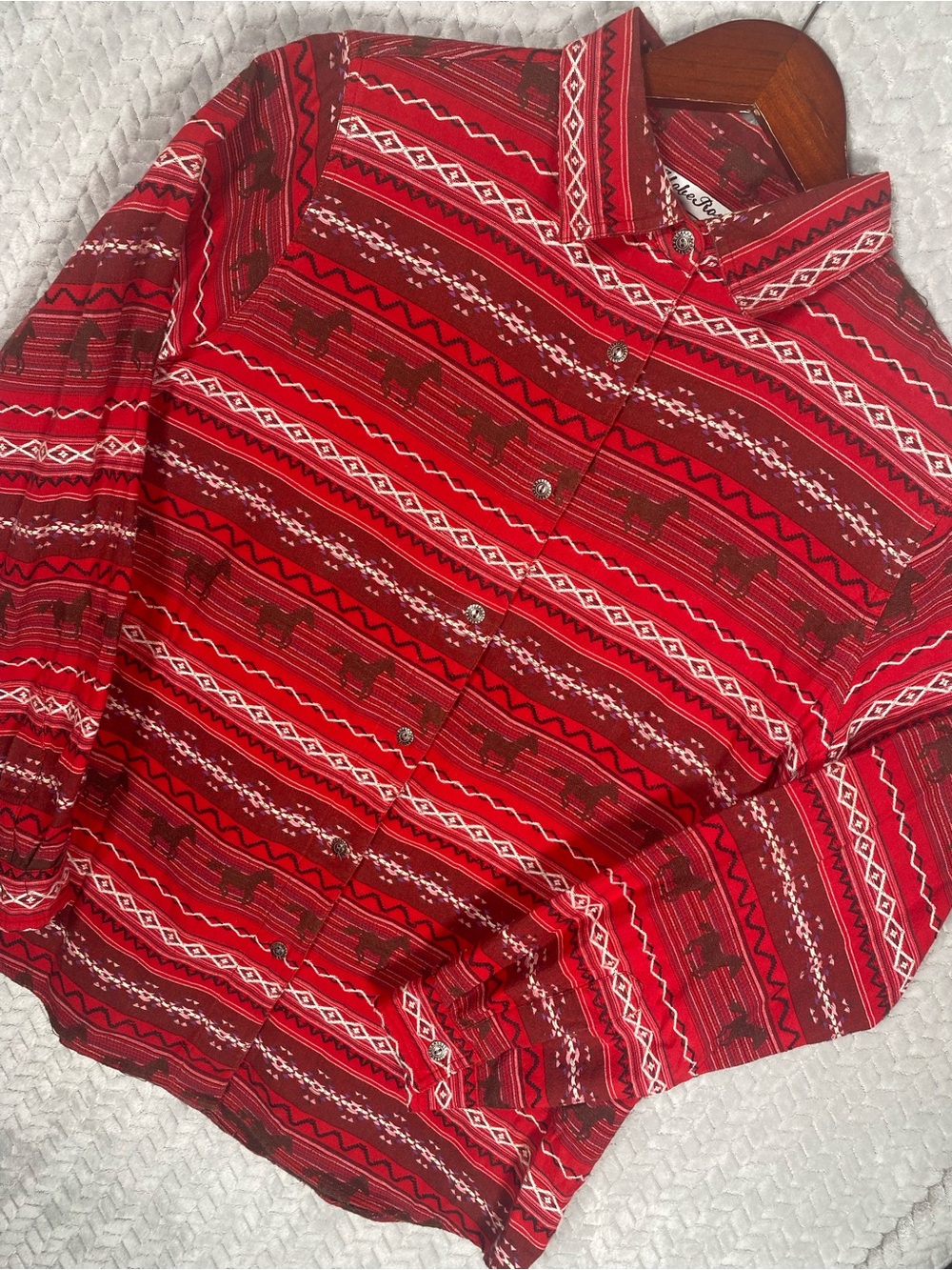 Vtg 80s 90s Adobe Rose Button Up Shirt Womens L Red Horse Print AOP Western